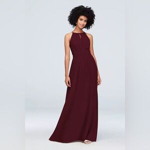 David’s Bridal High-Neck Chiffon Dress with Keyhole in Wine